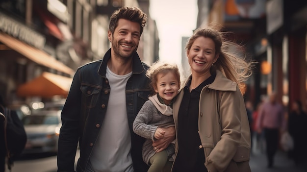 Photo a family on a city street man woman and kid generative ai