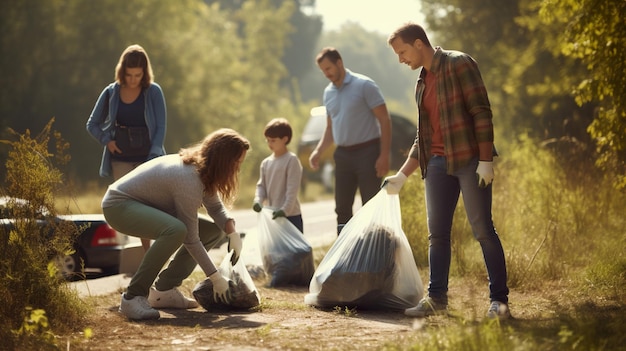 Foto famiglia pulisce la spazzatura nel villaggio stradale