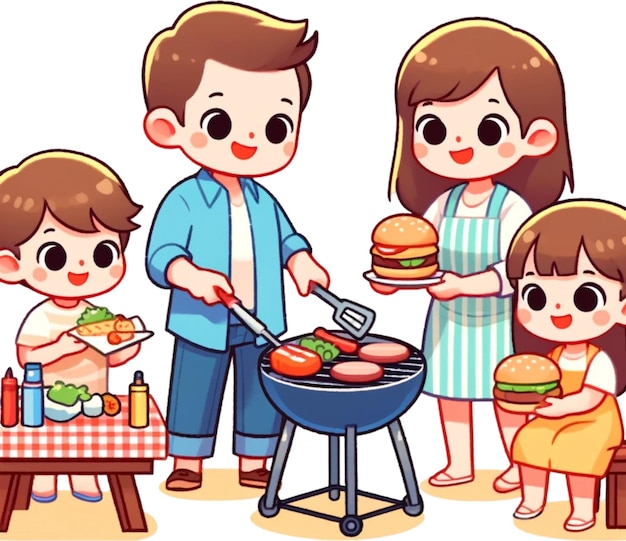 두 자녀 와 한 사람 이 그릴 에서 요리 하는 가족 의 요리 음식