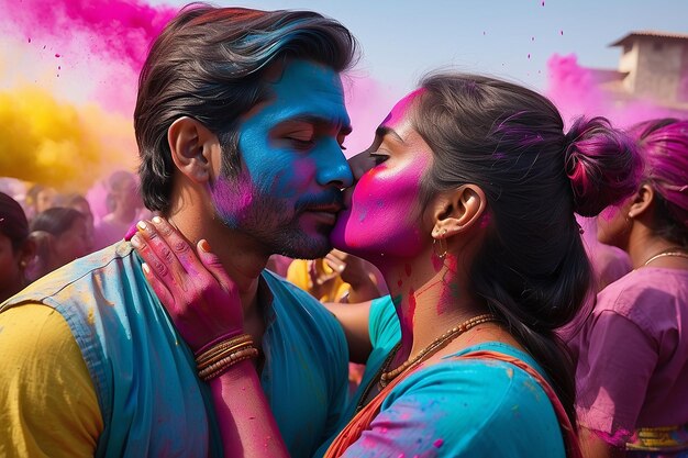 Photo family or couple celebrating holi in the park rood