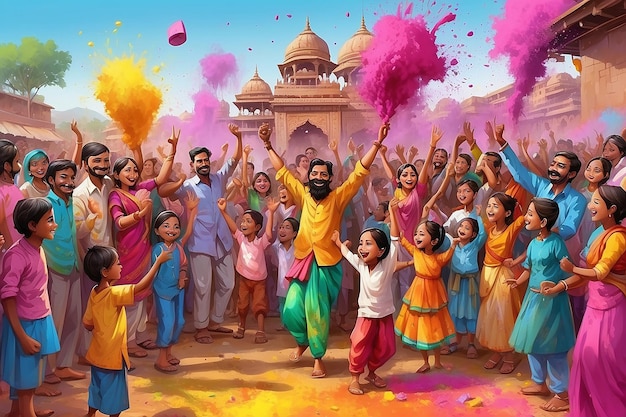 Family or couple celebrating holi in the park rood