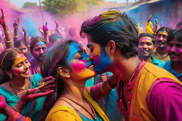 Family or couple celebrating holi in the park rood