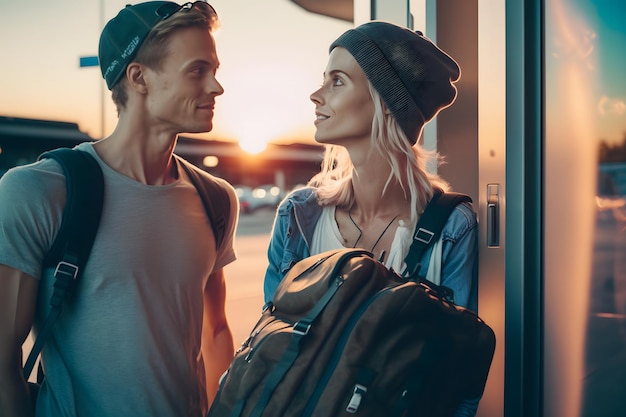 Photo family couple with luggage to the airport neural network ai generated