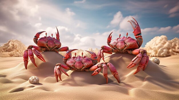 A family of crabs playing in the sand