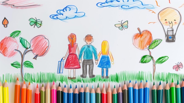 自然の中のリンゴとランプで家族がクレヨンで描く