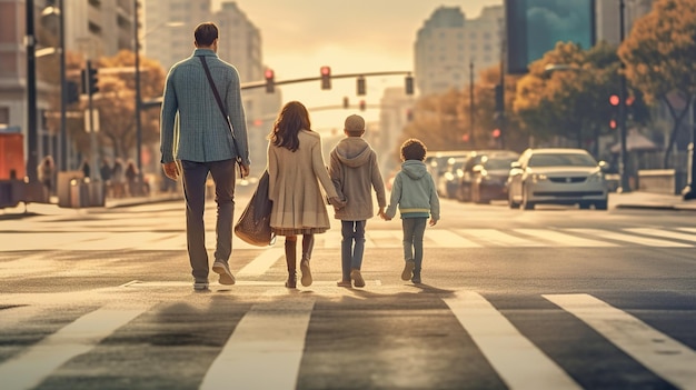 Family crossing the road in the town