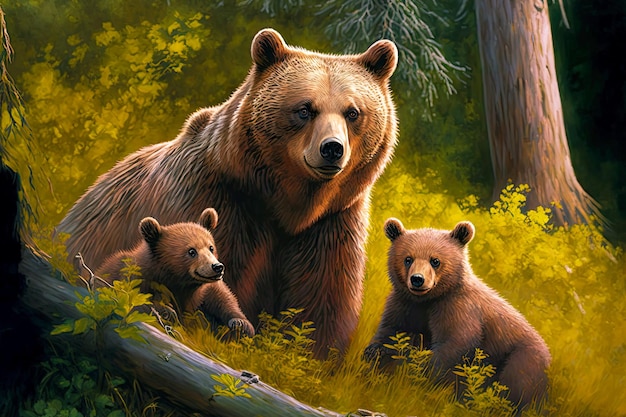 Family of cute bear with cubs playing in clearing by fallen tree