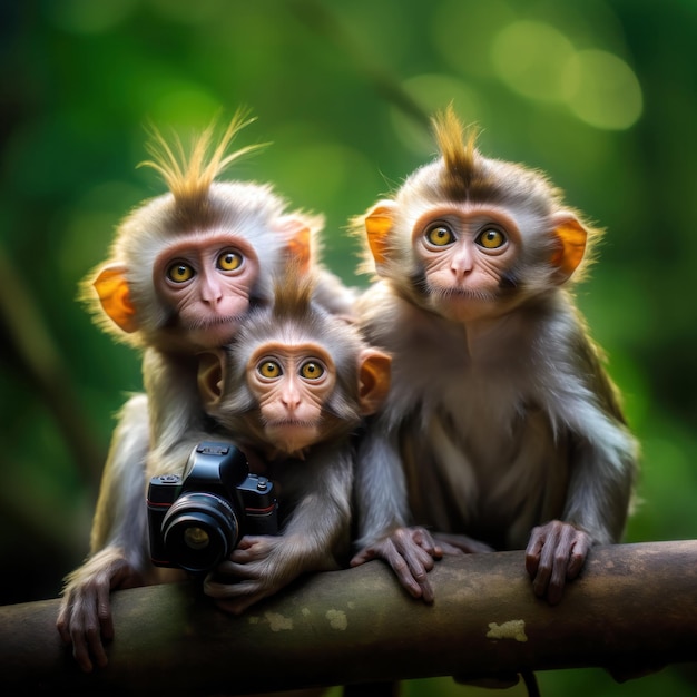 Foto famiglia di piccole scimmie carine con facce divertenti e stupide sedute su un ramo d'albero con in mano una telecamera giocattolo