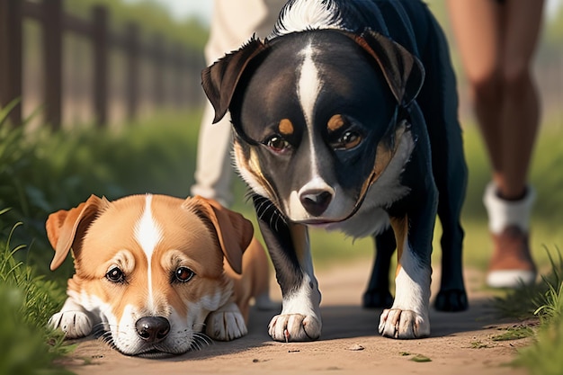 家族のかわいいペットの犬と飼い主の男の子が一緒に楽しんで壁紙背景イラスト