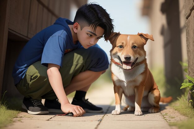 家族のかわいいペットの犬と飼い主の男の子が一緒に楽しんで壁紙背景イラスト