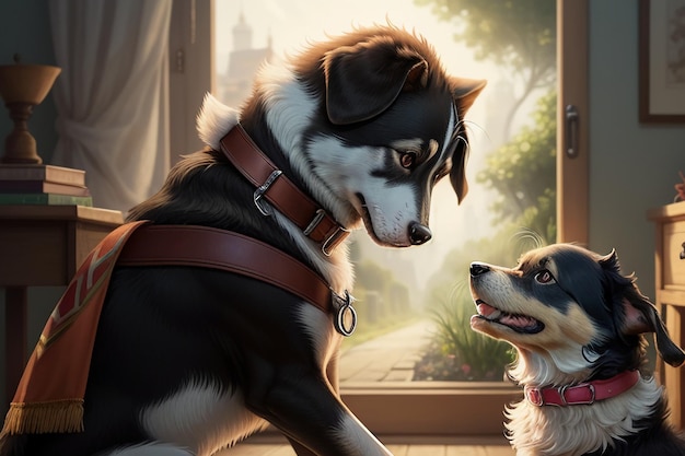 Семейная милая собака и владелец мальчика веселятся вместе обои фоновая иллюстрация