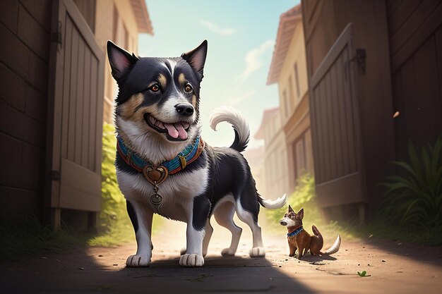 家族のかわいいペットの犬と飼い主の男の子が一緒に楽しんで壁紙背景イラスト