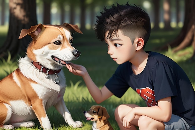 Family cute pet dog and owner boy having fun together wallpaper background illustration