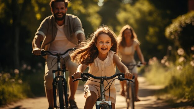 Foto una famiglia che pedala felicemente in una giornata di sole