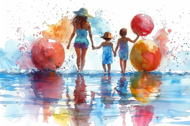 Family day mother39s day mom and children on the beach together holding hands childhood little son and daughter parenthood illustration in watercolor style