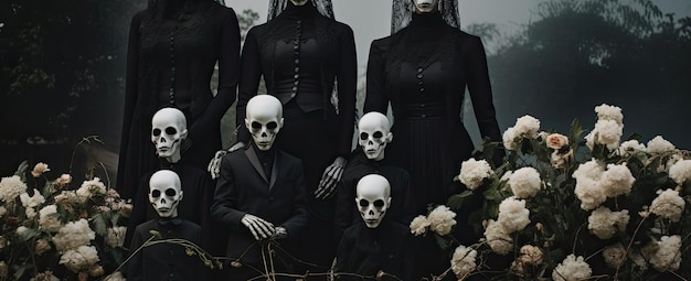 family of the deceased in a black suit standing near flowers in the style of hallowen