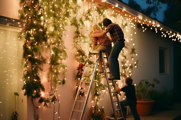 Family decking home with festive lights at dusk