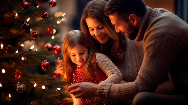 クリスマスツリーを飾る家族 メリークリスマスとハッピーホリデー ジェネレーティブAI