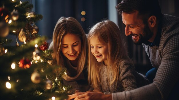 family decorating christmas tree live