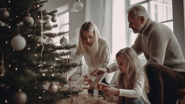 A family decorating a christmas tree in their home