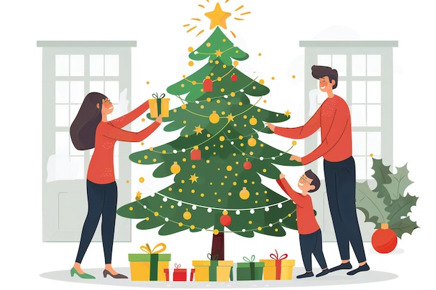 a family decorating a christmas tree with a picture of a family and a child