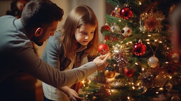 Family decorating the Christmas tree