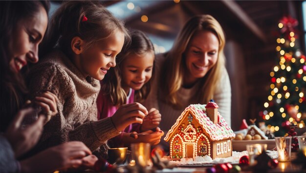 Photo a family decorating a gingerbread house with a gingerbread house