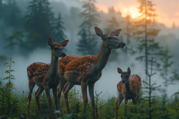 Photo a family of deer grazing in a misty forest clearing at dawn their breath visible in the cool air