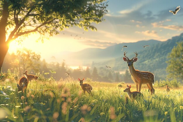 Photo a family of deer peacefully grazing in a sundrench