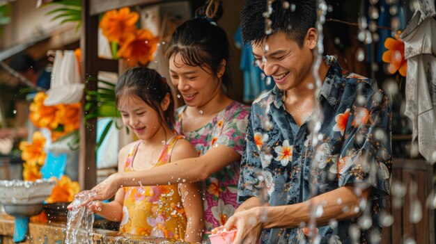 ソングクランの水の儀式を楽しむ家族は花の市場で笑いと喜びを共有しています