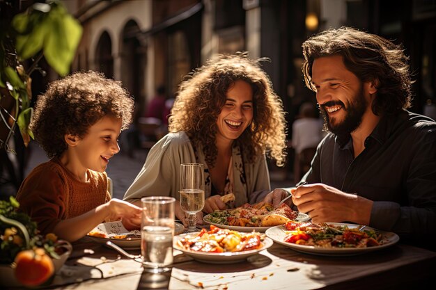 Foto famiglia che si diverte con il cibo italiano all'aperto ia generativo