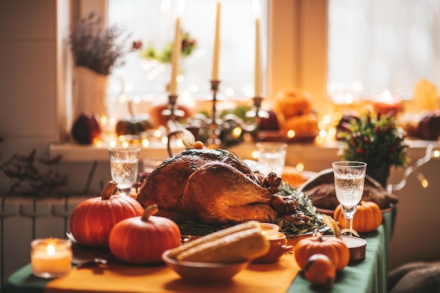 Photo family dining room table set with delicious golden roasted turkey