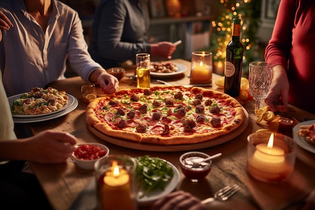 A family dinner scene with a meat pizza being served