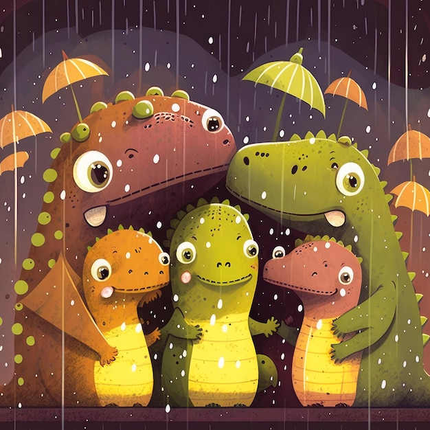 Family of dinosaurs in the rain with umbrellas Generative AI