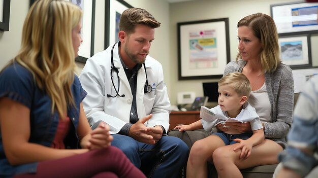 Photo family doctor explaining medical report to worried mother and her child healthcare pediatrics and family medicine concept