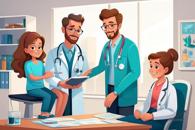 병원 사무실에서 환자들과 함께 가족 의사가  ⁇ 터 평평한 만화 일러스트레이션 클리닉에서 치료사 또는 소아과 의사의 의료 상담 의료 개념