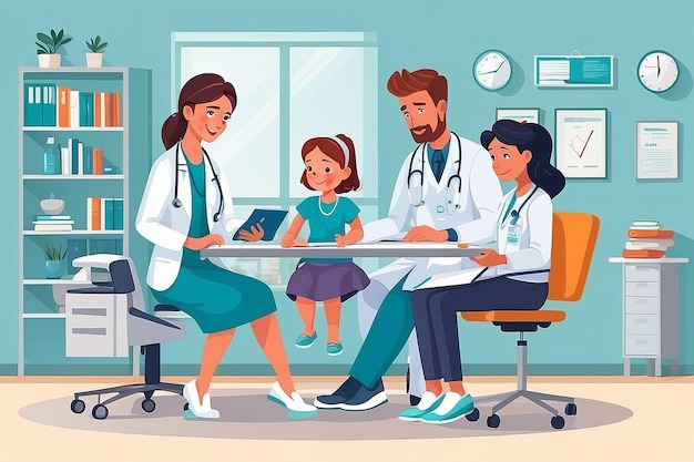 Family doctor with patients in hospital office Vector flat cartoon illustration Medical consultation of therapist or pediatrician in clinic Healthcare concept