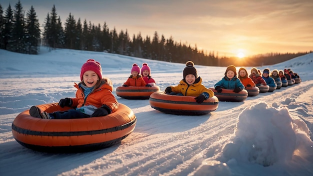 Foto famiglia che fa snow tubing