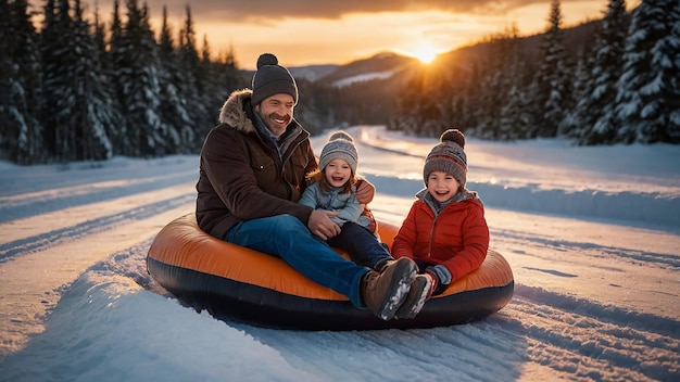 Foto famiglia che fa snow tubing