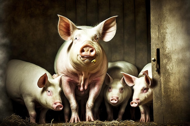 Family of domestic pigs in insulated stable at pig farm