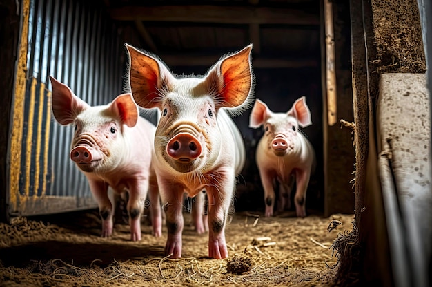 Family of domestic pigs lives on pig farm in bright clean pigsty