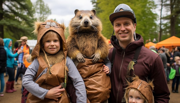 Foto famiglia vestita con costumi a tema marmotta che cattura i loro sorrisi e l'eccitazione