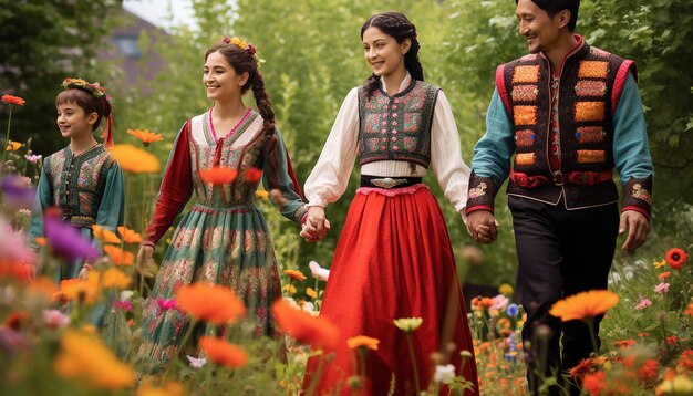 a family dressed in traditional attire walking in a blossoming spring garden