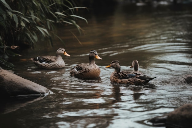 A Family Of Ducks Swimming In A River Generative AI