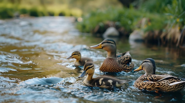 A family of ducks swims in a river The ducklings are close to their mother