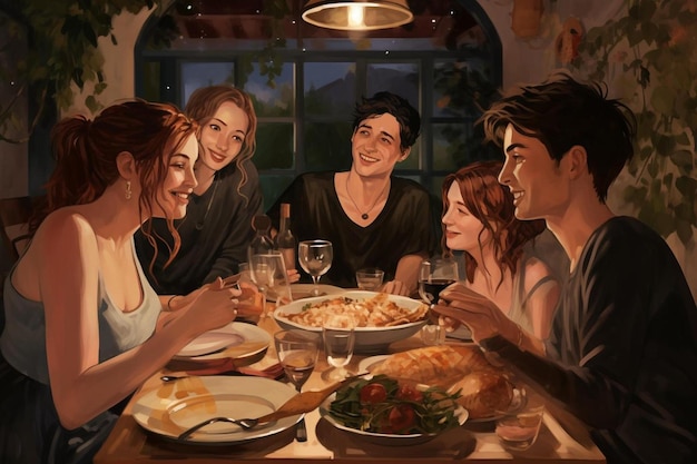 남자와 여자가 식탁에 앉아 있는 식당에서 저녁을 먹는 가족.