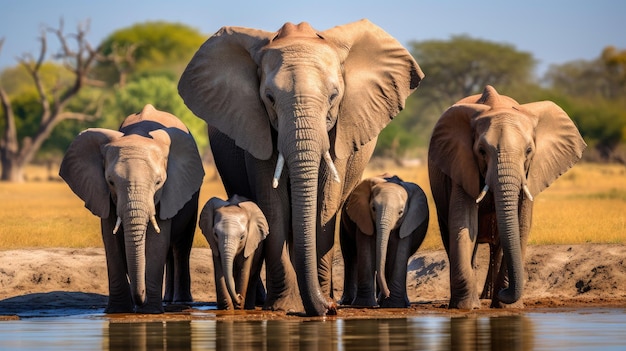 A family of elephants at a watering hole