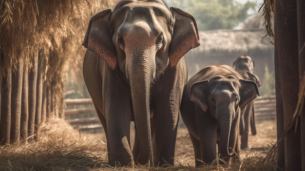 A family of elephants in a zoo