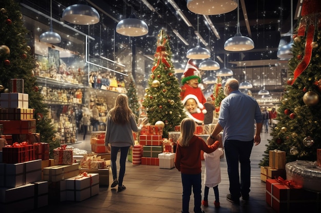 Foto la famiglia ha intrapreso una spesa per scegliere i regali di natale o di capodanno.