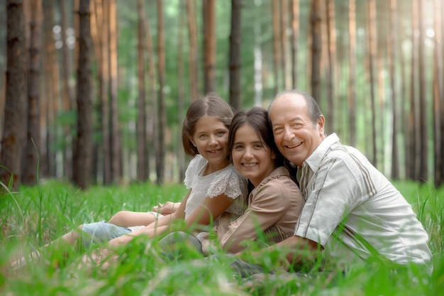 Family Embrace in Sunny Forest Setting